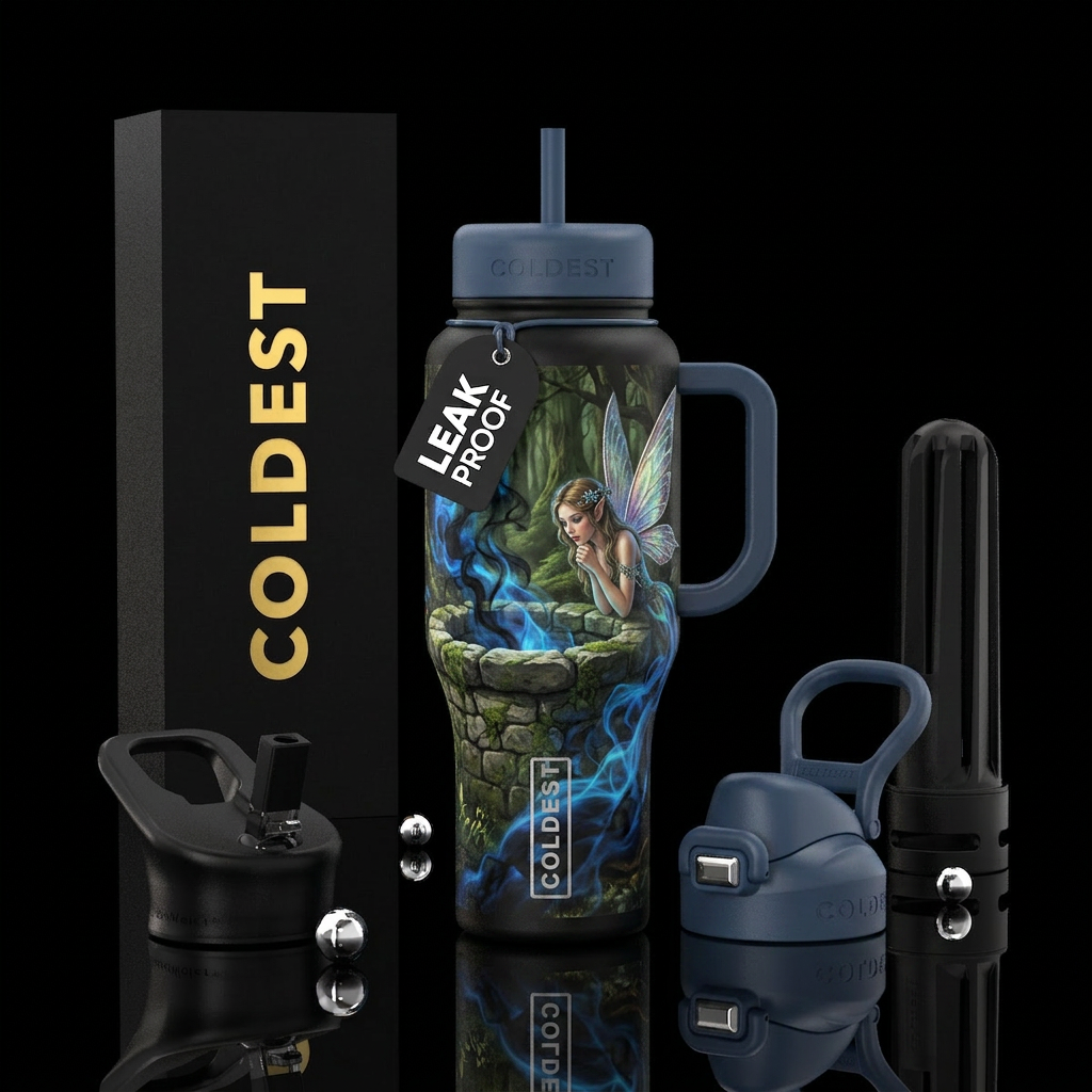 a fairy looking down on a stone well surrounded by... water bottle design