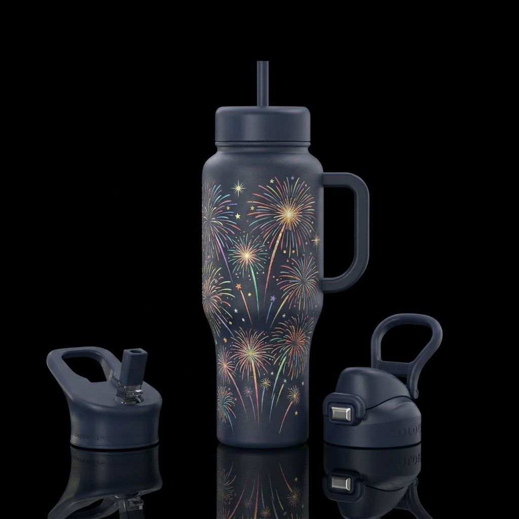 etched fireworks in a black background water bottle design
