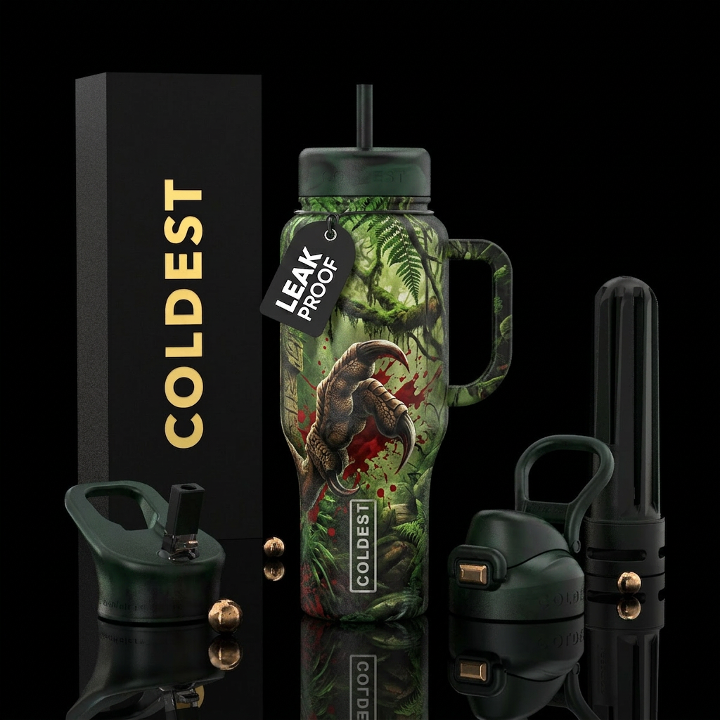 raptor claw surrounding the bottle with red splatt... water bottle design