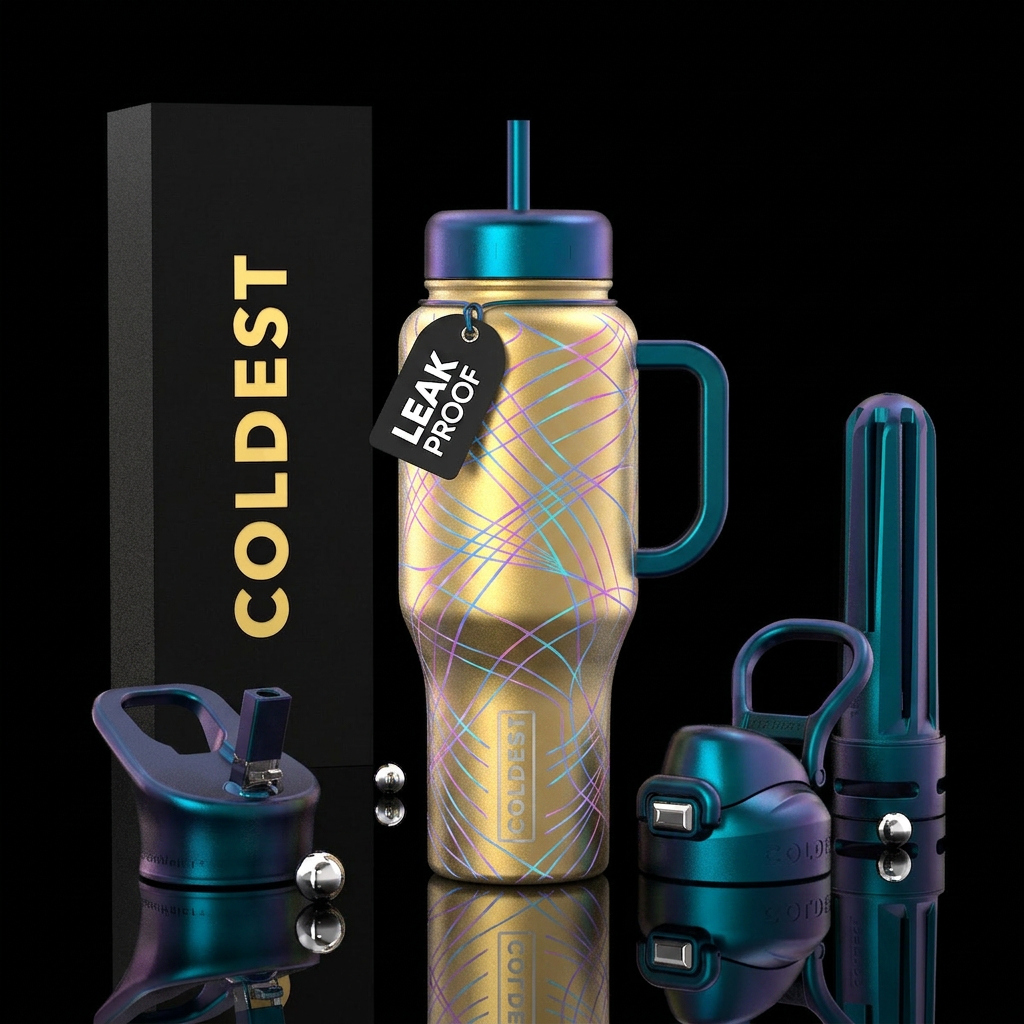 golden bottle with irridescent lines traveling thr... water bottle design