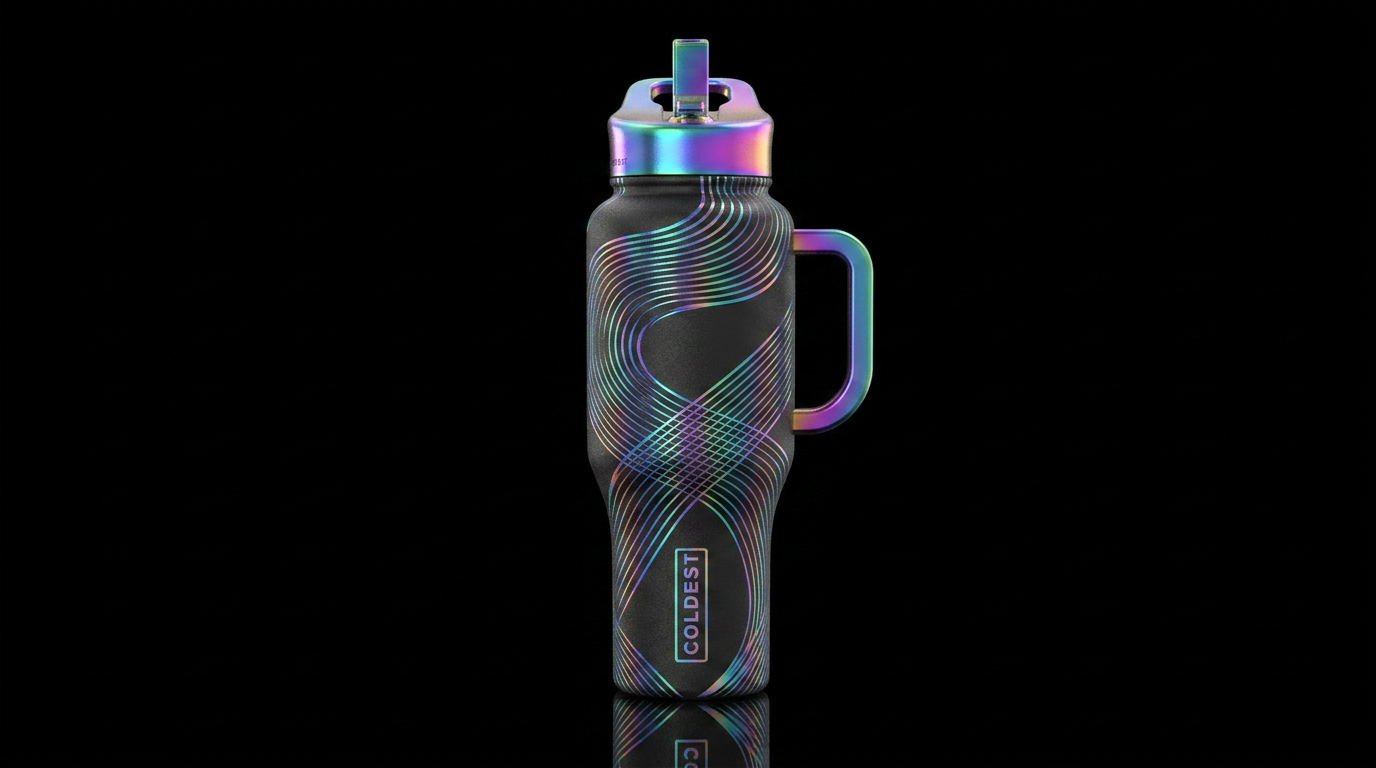 black  bottle with irridescent lines traveling thr... water bottle design