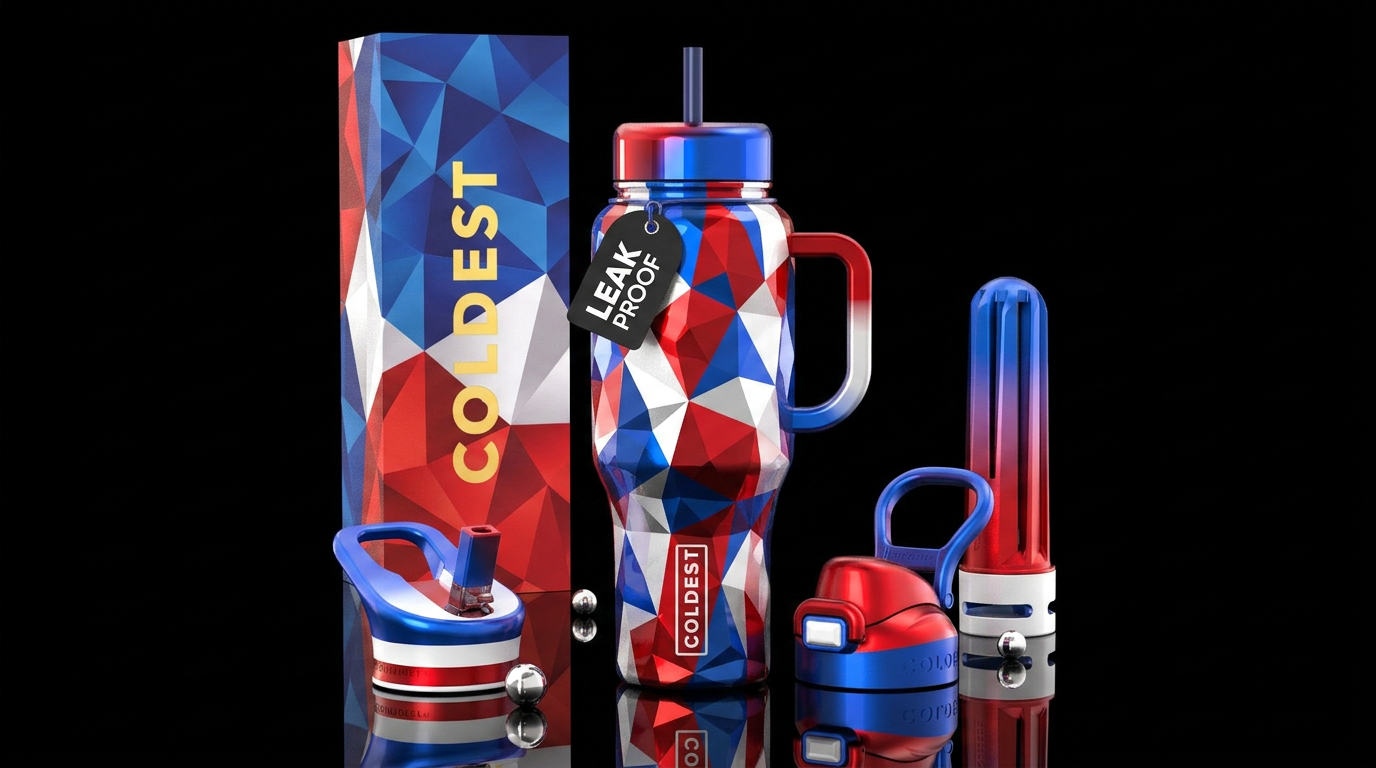 facet red white and blue water bottle design
