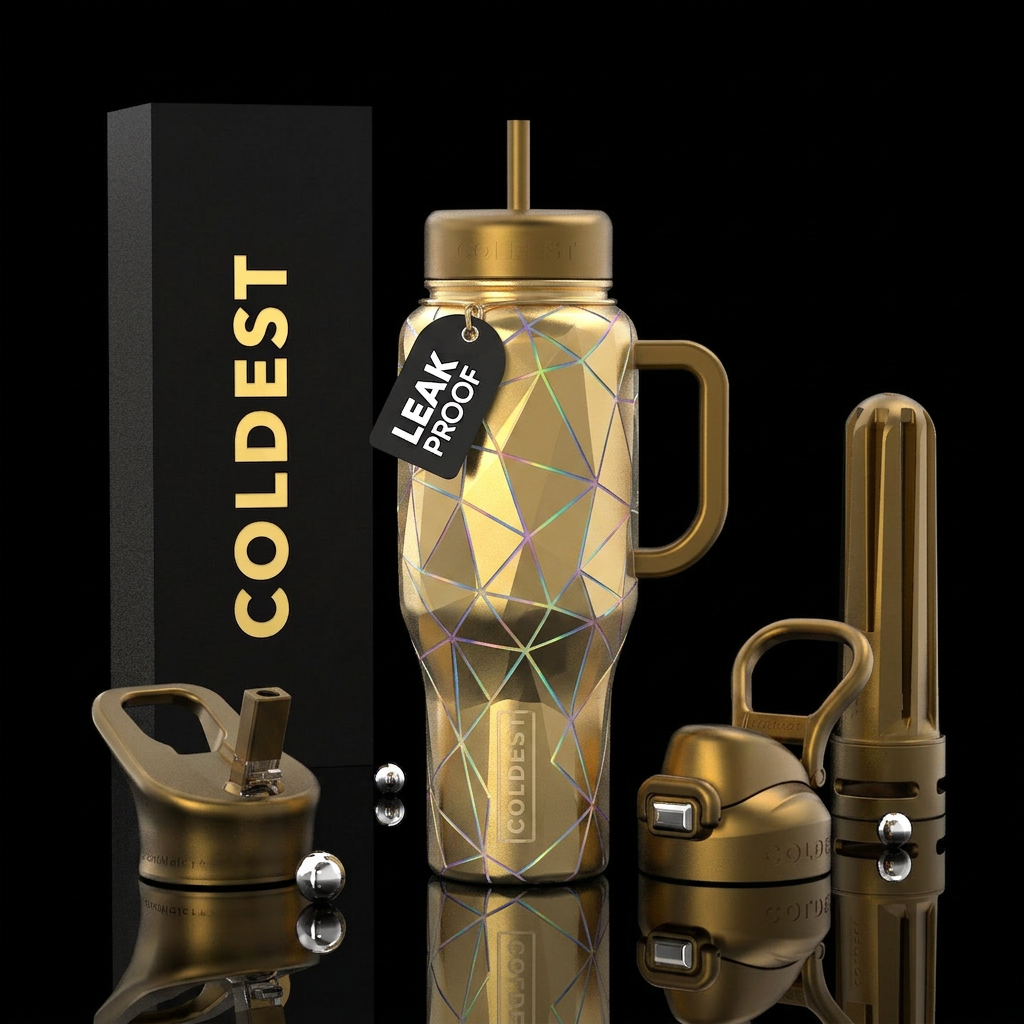 facet gold with irredescent lines water bottle design