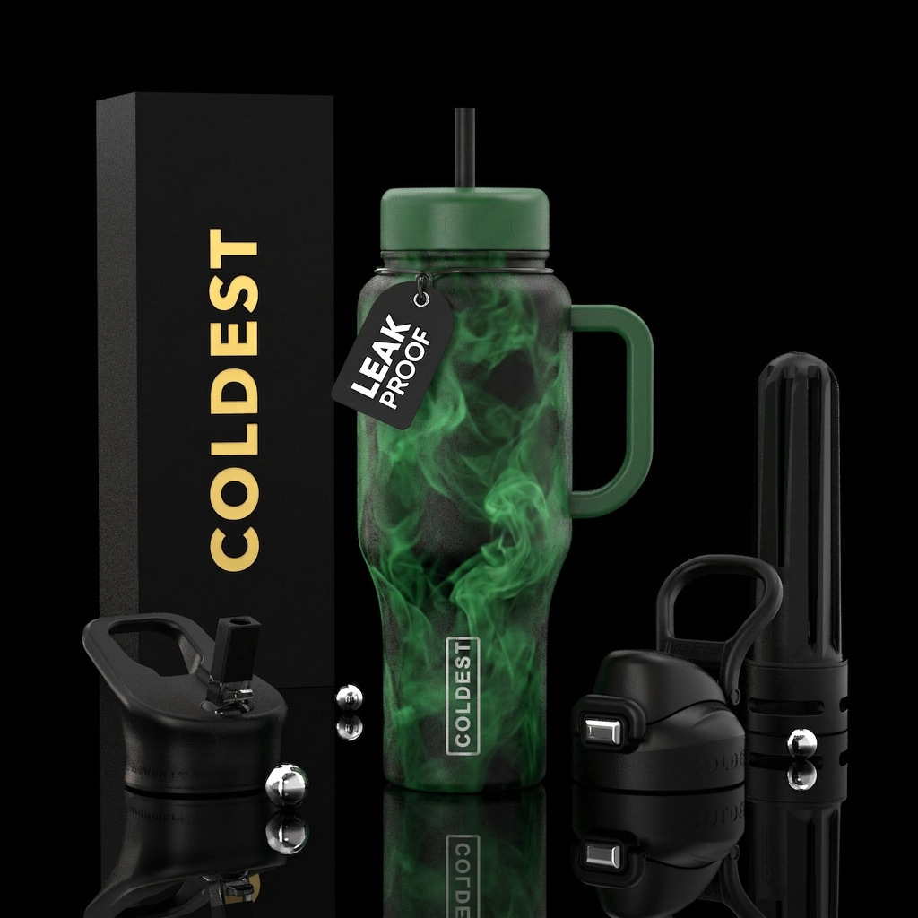 forest green color smoke in a black background water bottle design