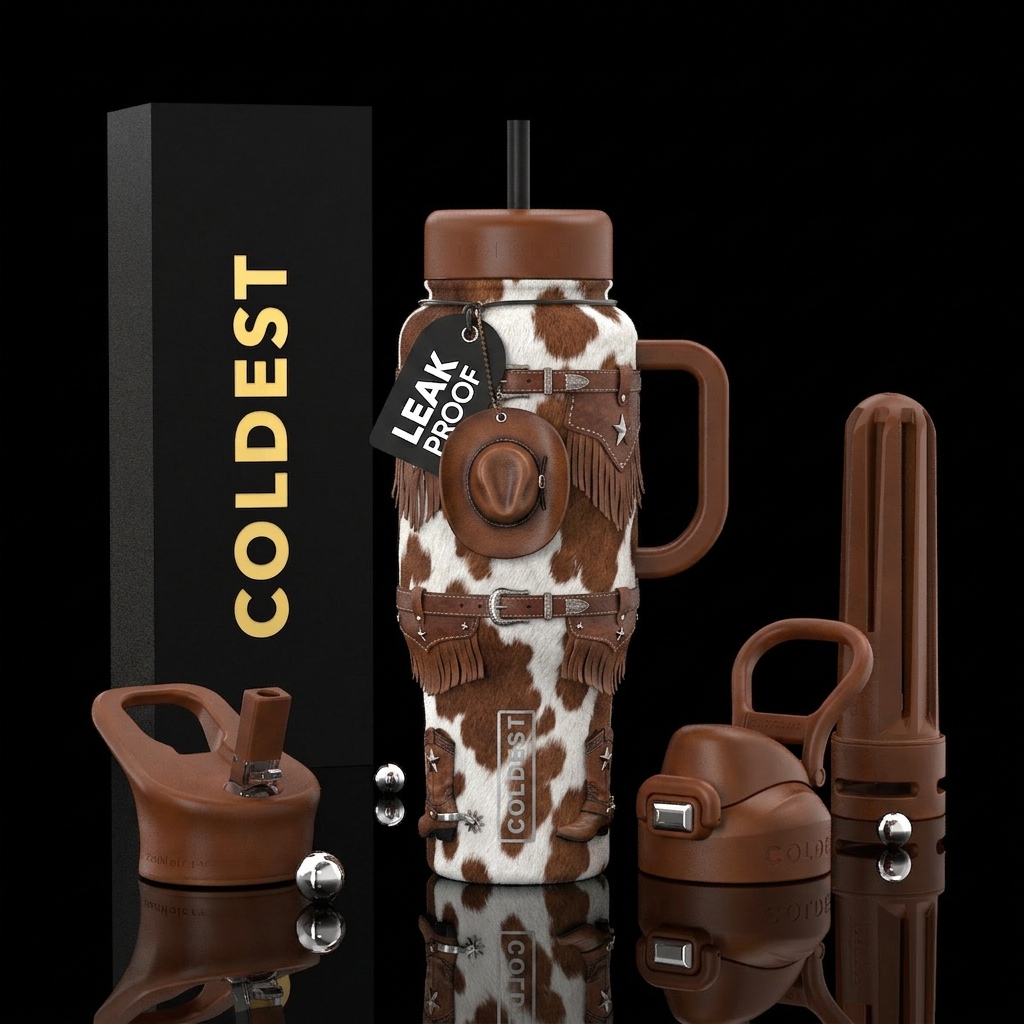 cowboy attire surrounding the cup with a brown and... water bottle design