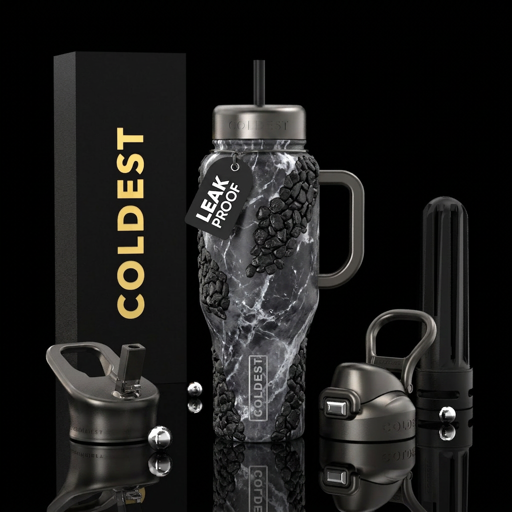 black firepit stones surrounding dark gray and whi... water bottle design
