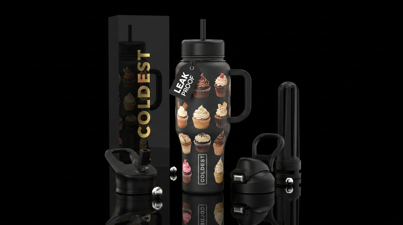 different types of cupcakes surrounding full  bott... water bottle design