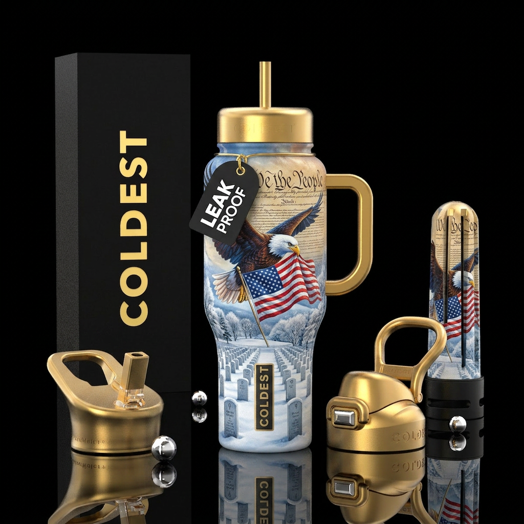 bald eagle with a flag in its mouth on a military ... water bottle design