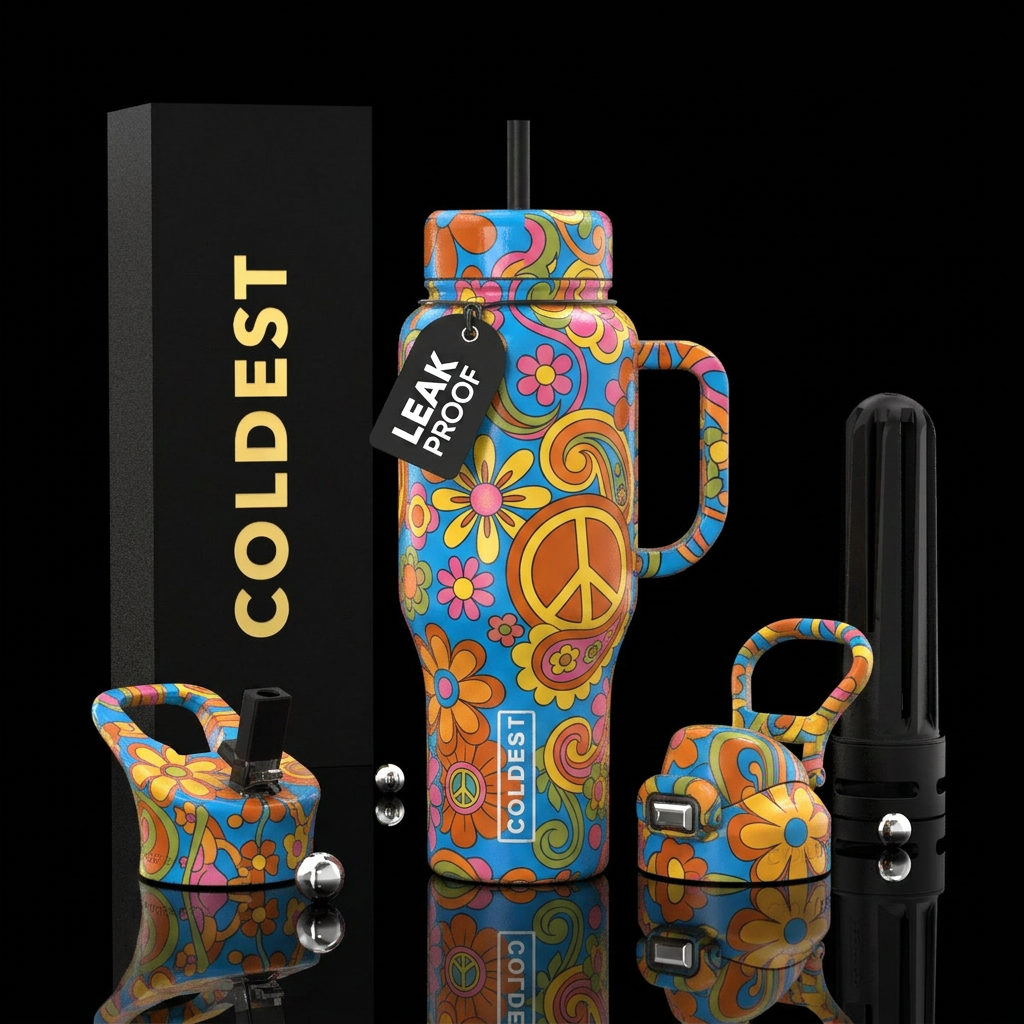 70s flower power and peace water bottle design