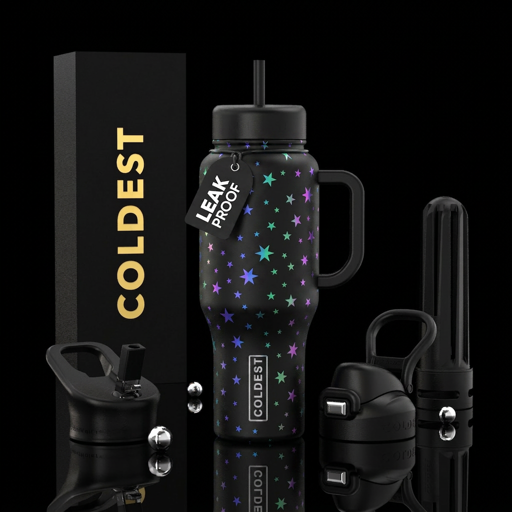 black background with iridescent different sizes s... water bottle design