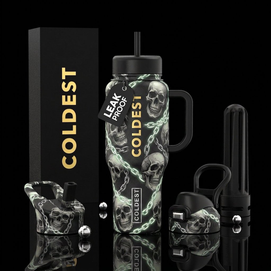 skulls ,glow in the dark silver chains that surrou... water bottle design