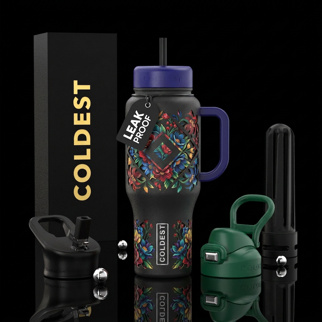 black bachround, layer of floral cutout of diamond... water bottle design
