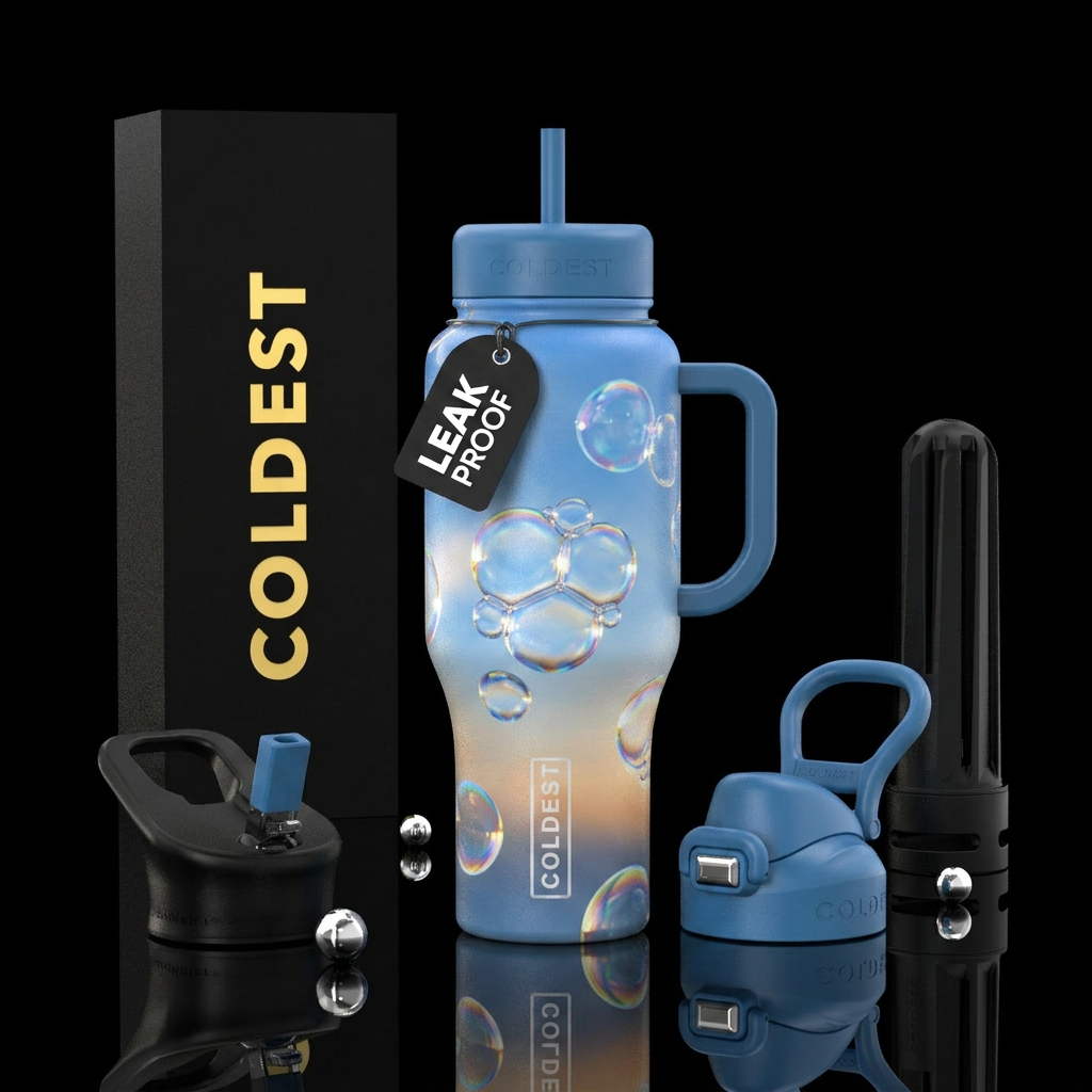 different sizes bubbles flying through the sunny s... water bottle design