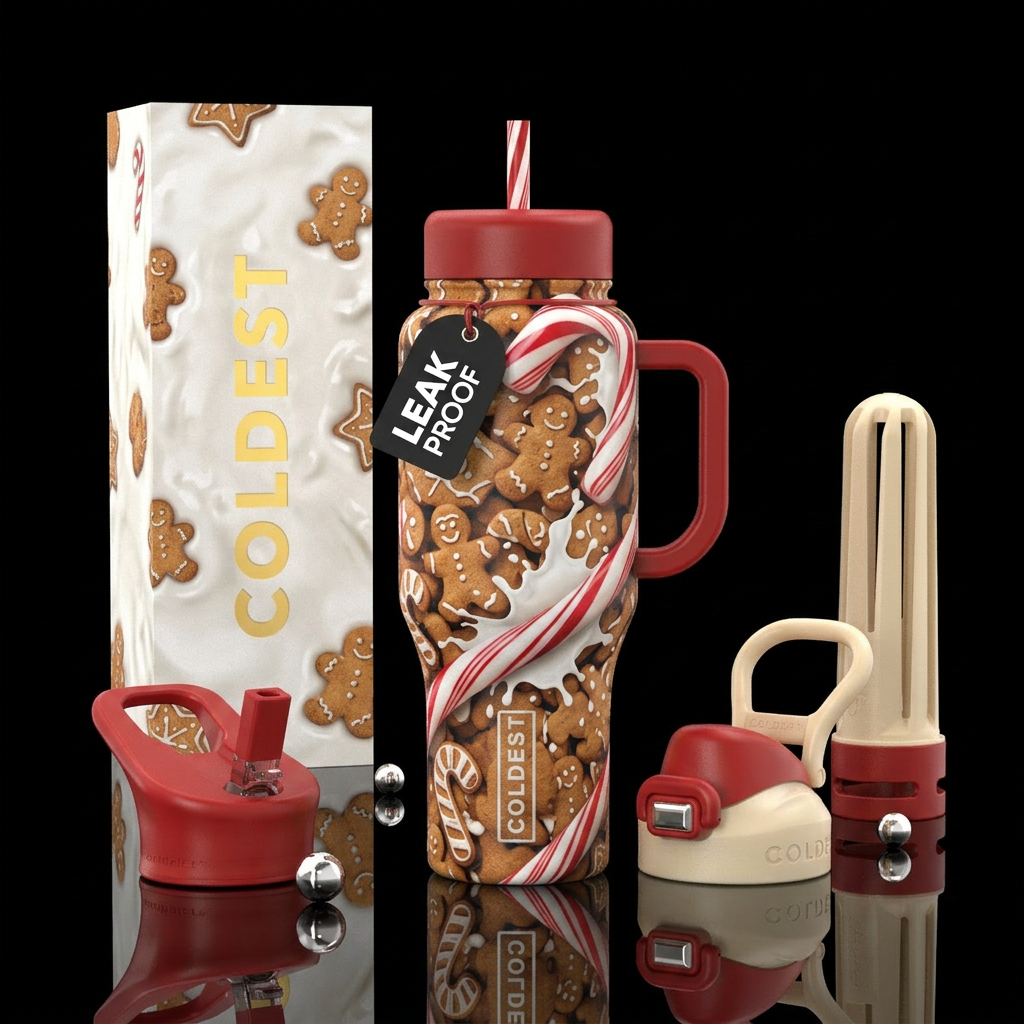 gingerbread cookies , milk, candycane water bottle design