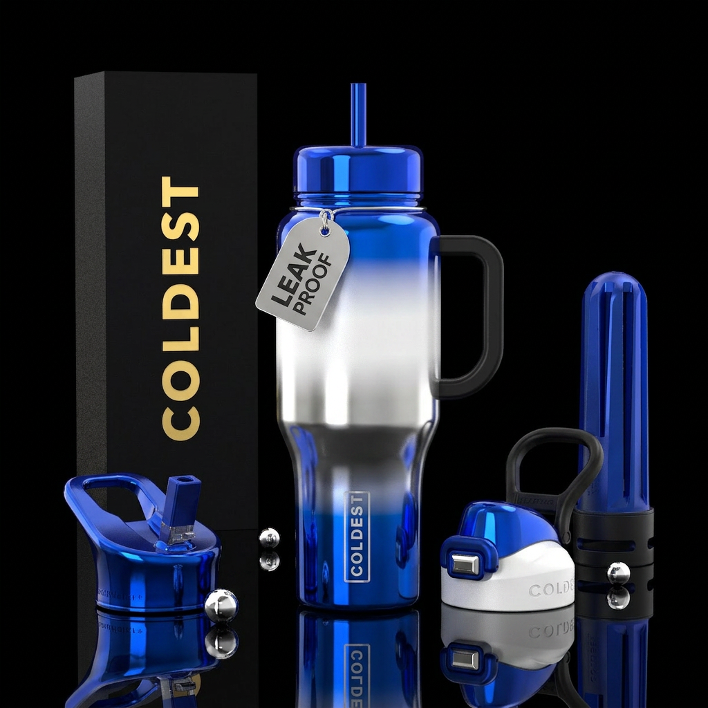 shiny cobalt melts into silver melts into white me... water bottle design