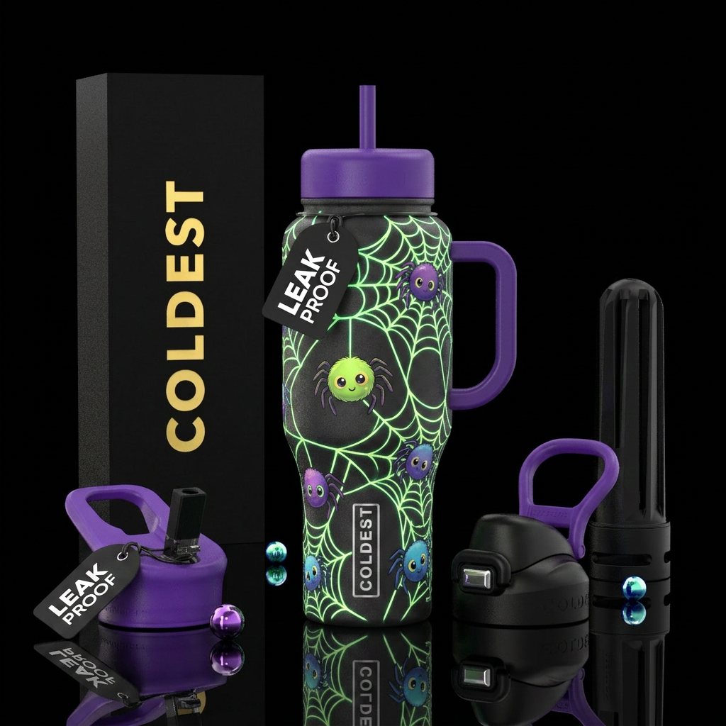 cute spiders making glow in the dark webs water bottle design
