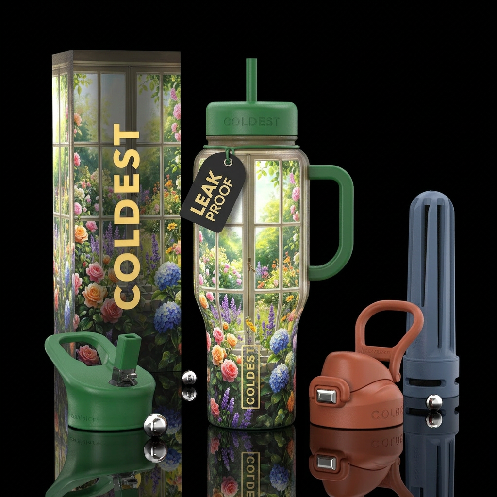 looking through a window seeing garden of flowers water bottle design