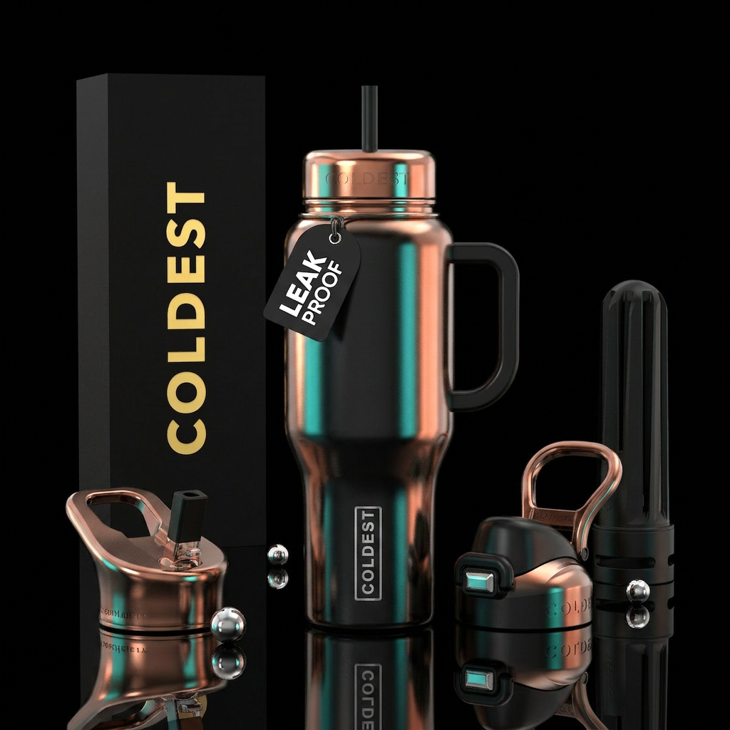 shiny copper emerging into teal water bottle design