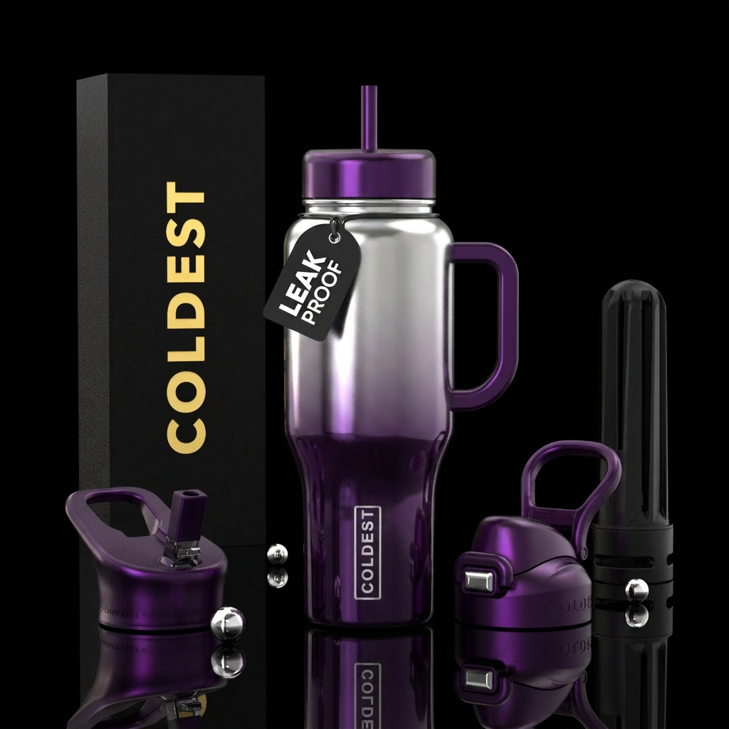 shiny silver and purple merges in the middle water bottle design