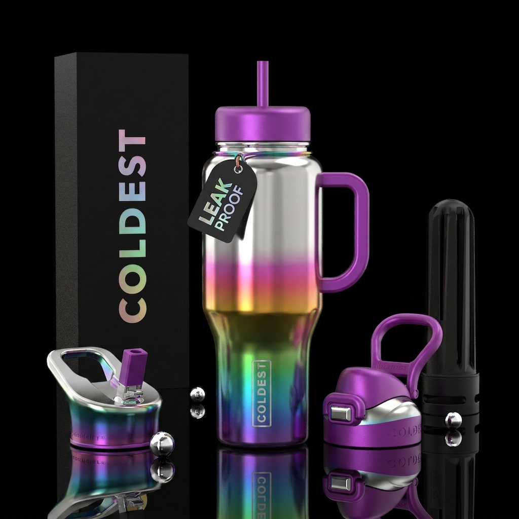 shiny silver and rainbow colors merges in the midd... water bottle design