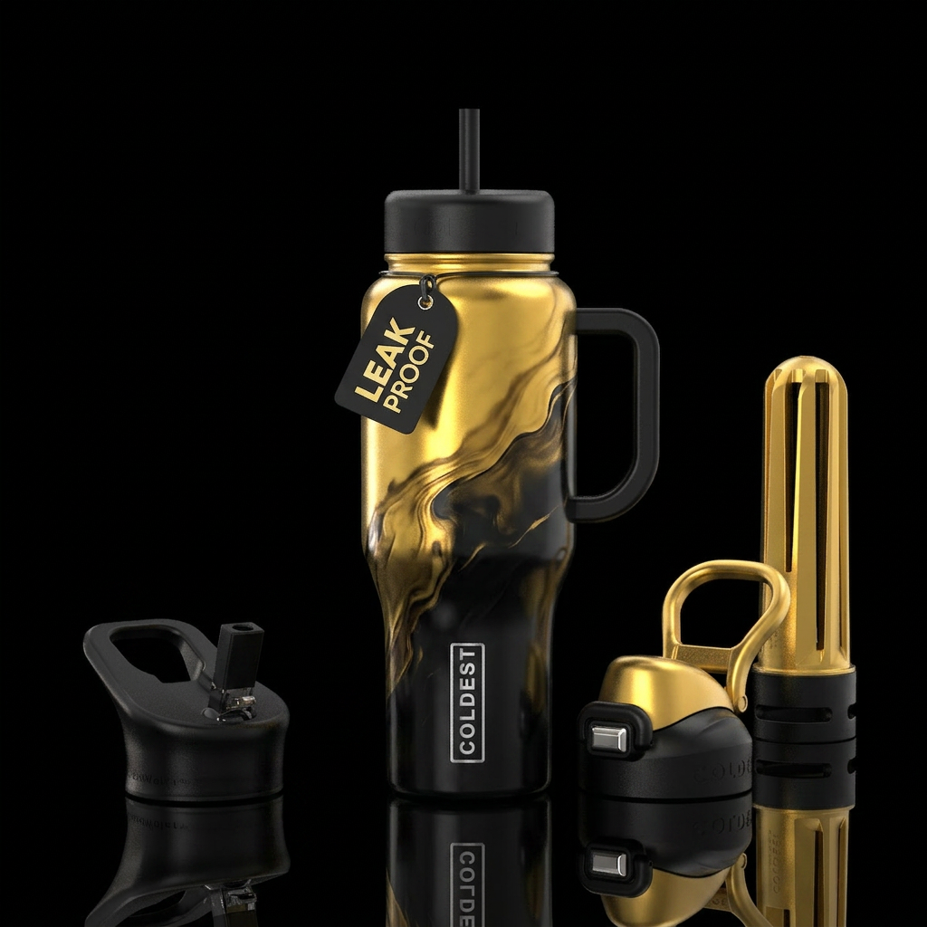 shiny gold and black merges in the middle water bottle design