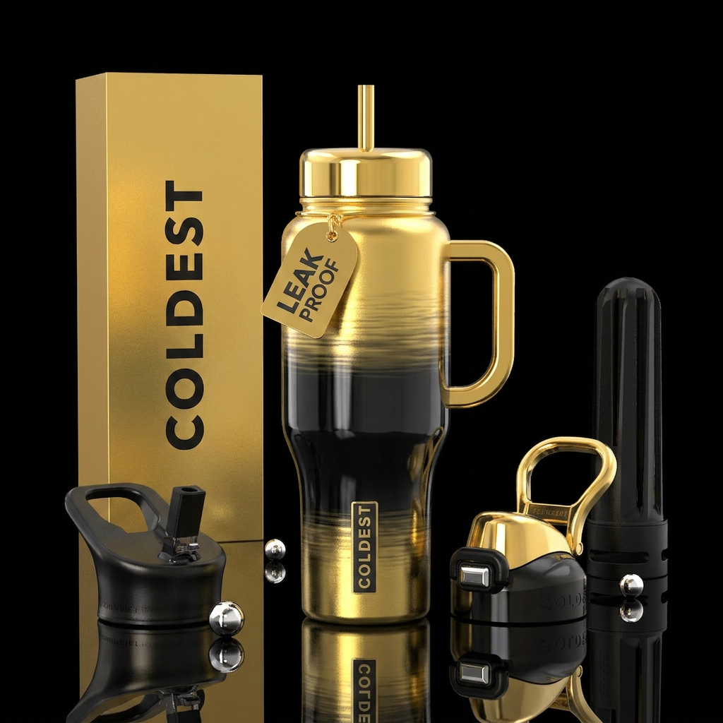 shiny gold and black merges in the middle horizont... water bottle design