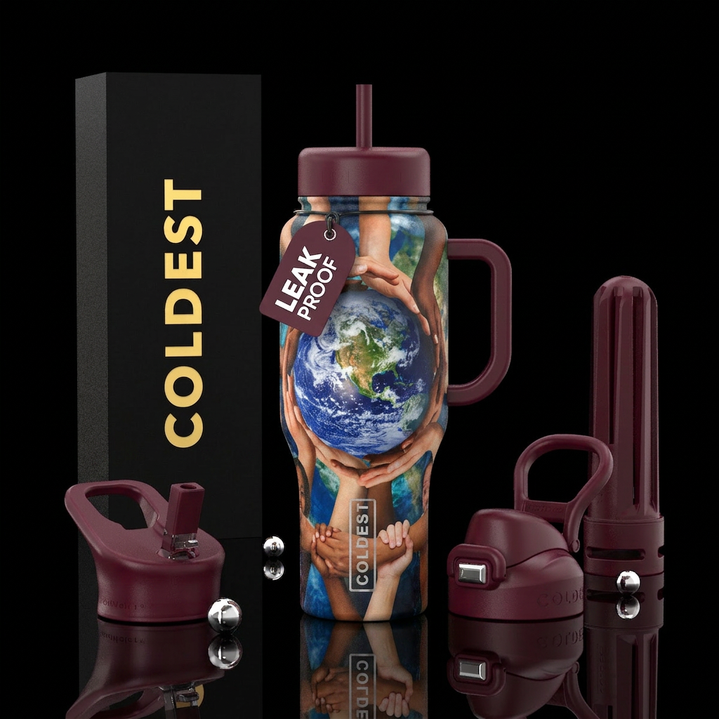 hands holding hands going around the world water bottle design