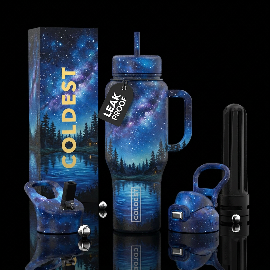 painting of a pond and a forest at night with star... water bottle design
