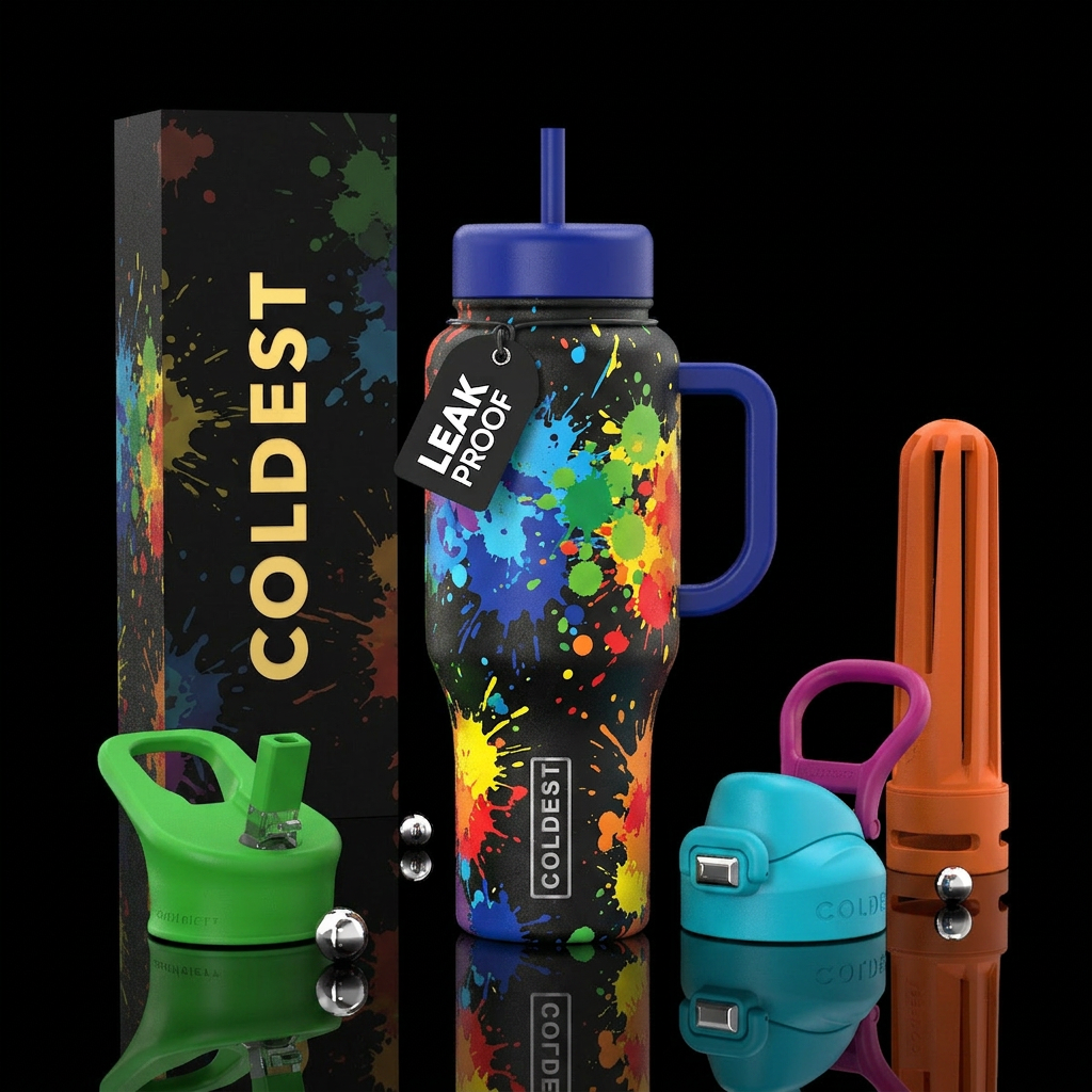 colorful paint blots on a black background water bottle design