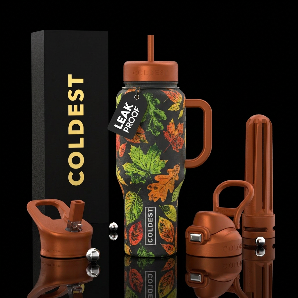 green, orange, red ,yellow leave prints water bottle design