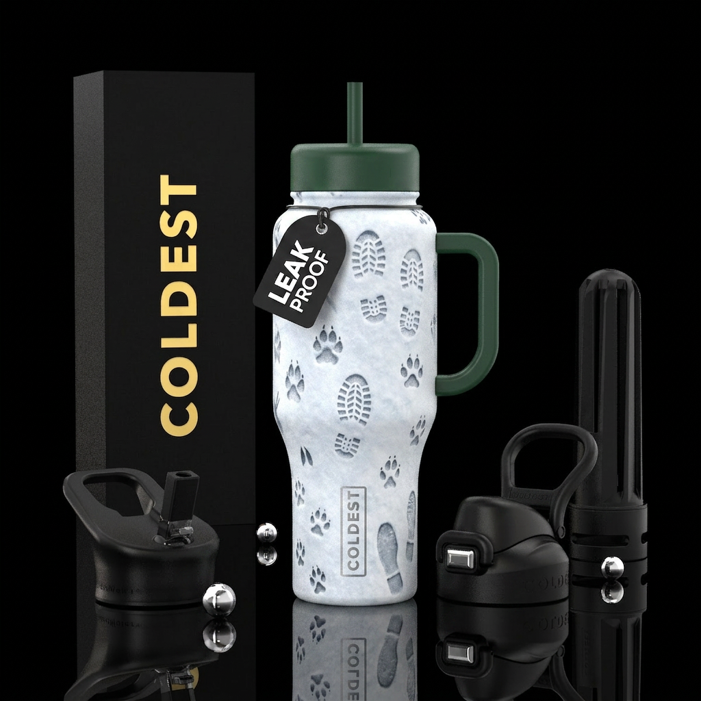 human and animal prints in the snow water bottle design
