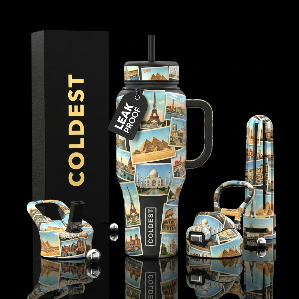 traveling around the world postcards water bottle design