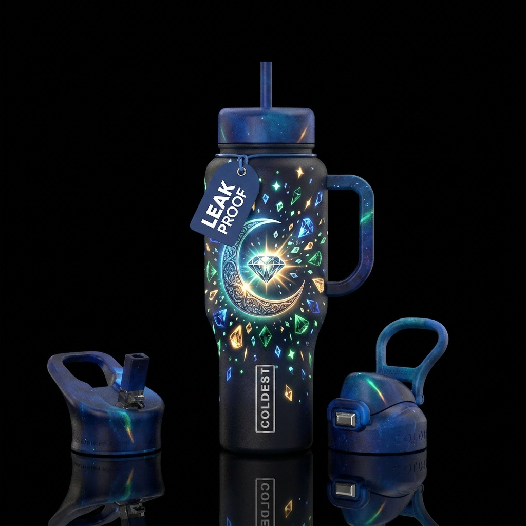 crescent moon with a diamond in the middle explodi... water bottle design