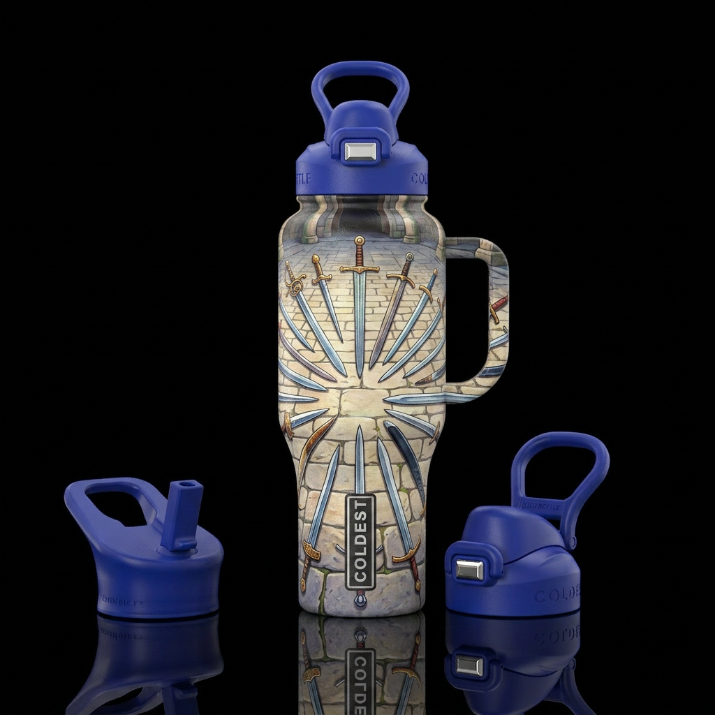 swords spread everywhere in  a court yard water bottle design