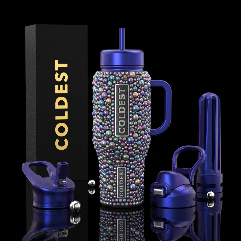 different color pearls embedded all around the cup water bottle design