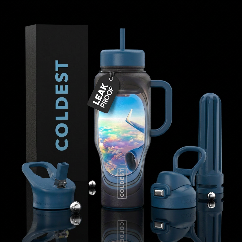 looking through an airplane window water bottle design