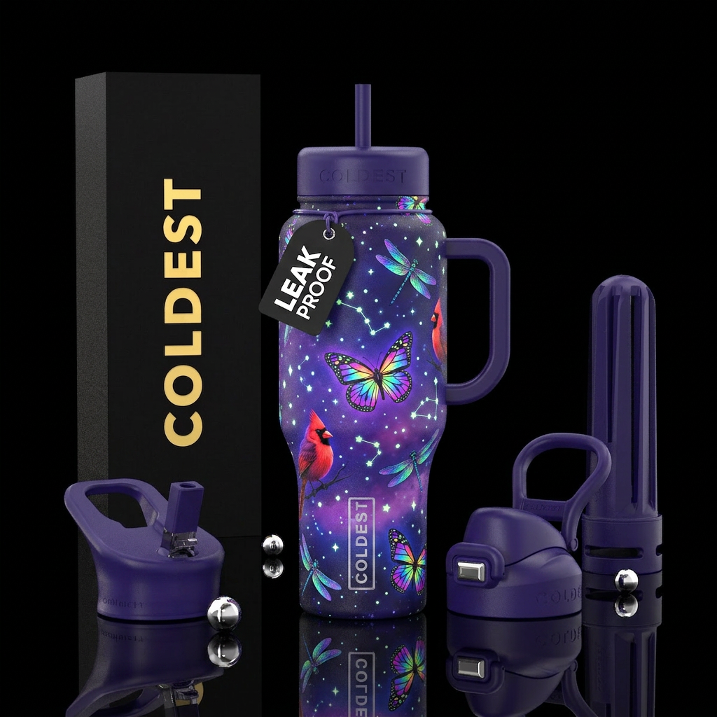 black light butterflies, cardinals and dragon flie... water bottle design
