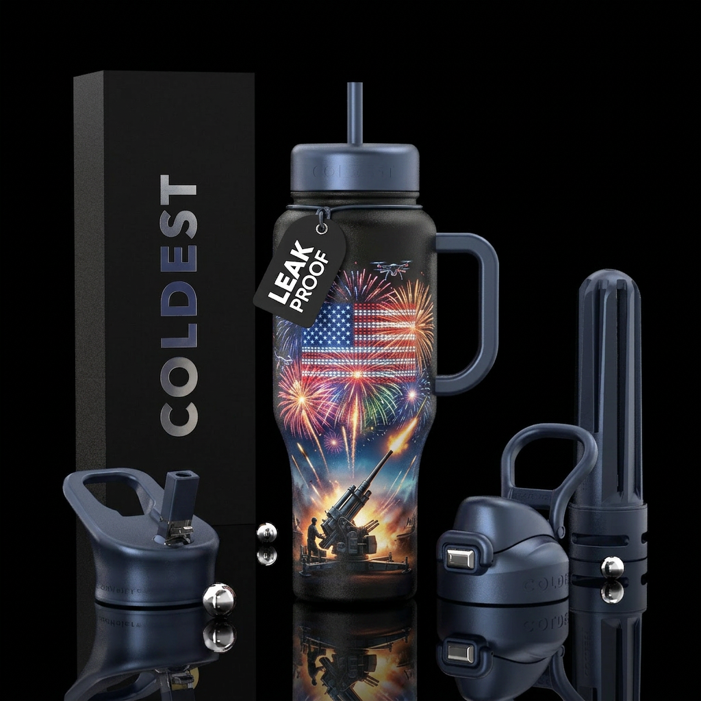 fireworks coming towards the sky out of a World Wa... water bottle design