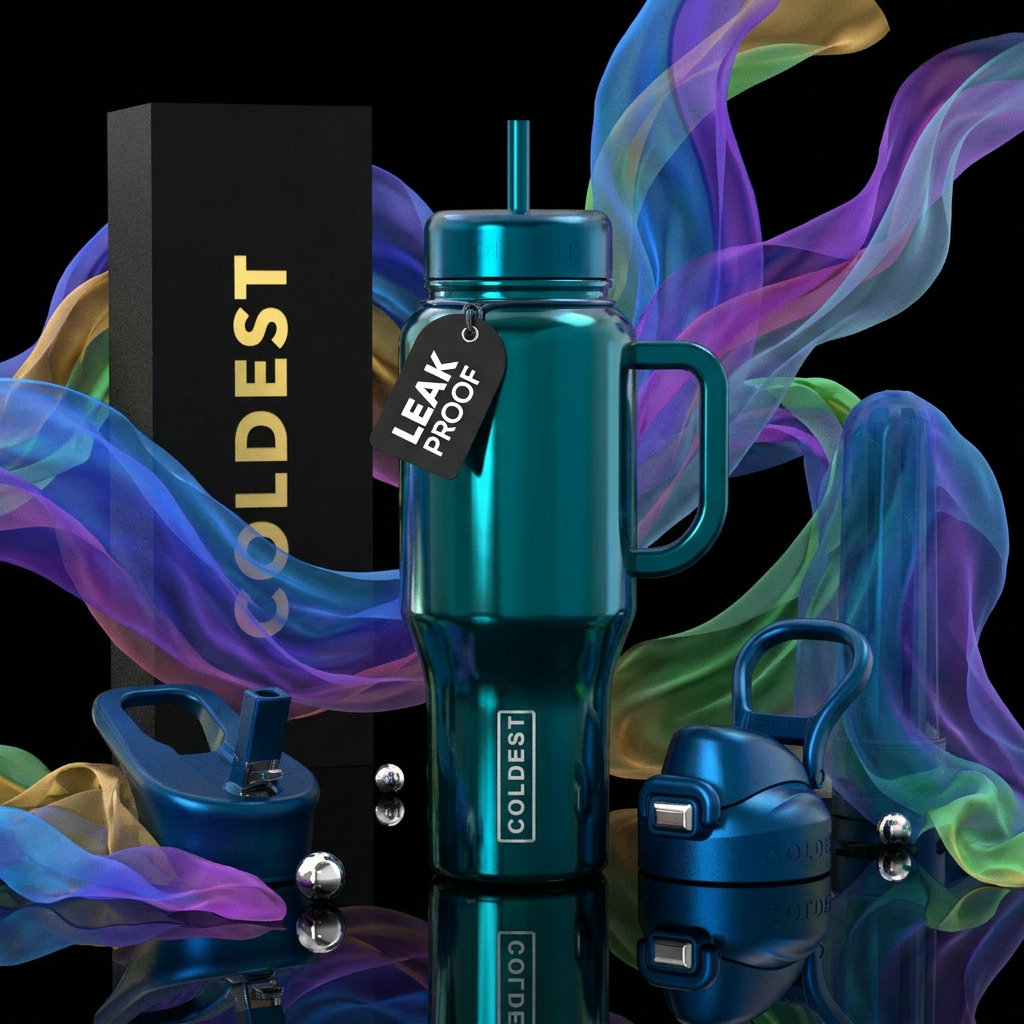 different color transparent scarves surrounding th... water bottle design