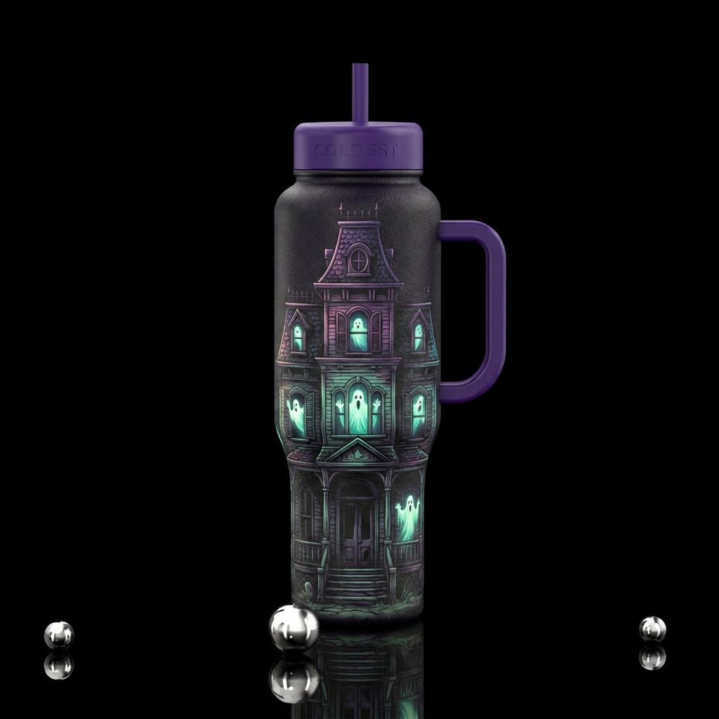haunted house, ghost appears in windows when the c... water bottle design