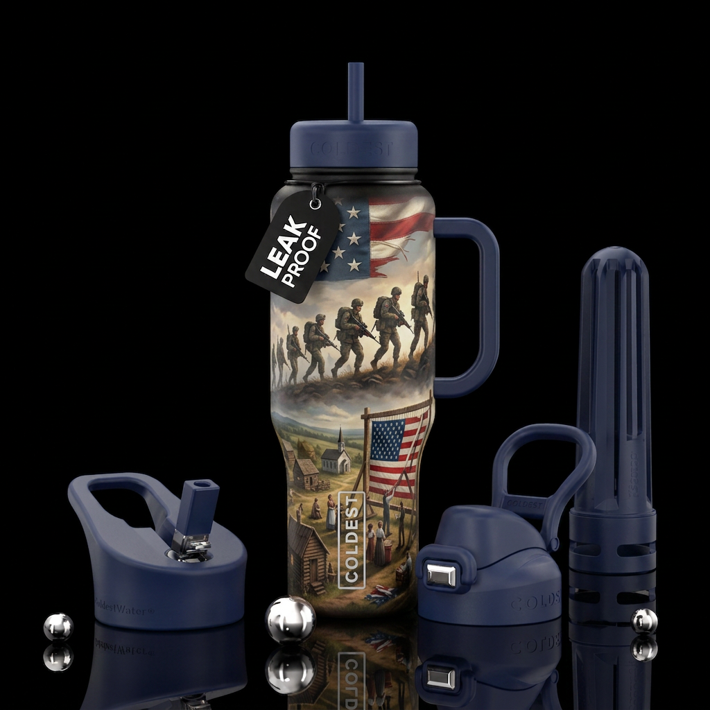 land with settlement, american flag being created,... water bottle design