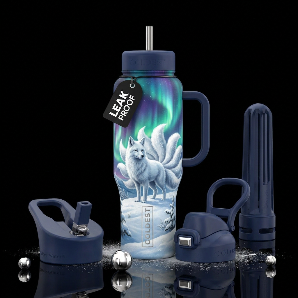white fox with 9 tails in the snow under the aurar... water bottle design