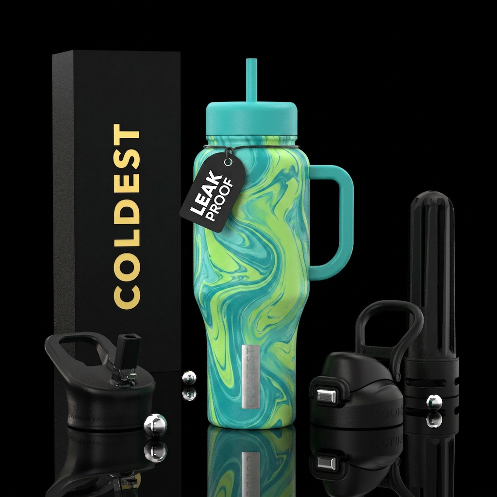 Teal lid, teal and lime swirl base, teal handle water bottle design