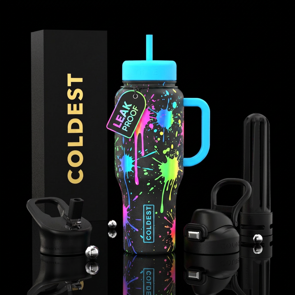 Neon paint splatter water bottle design