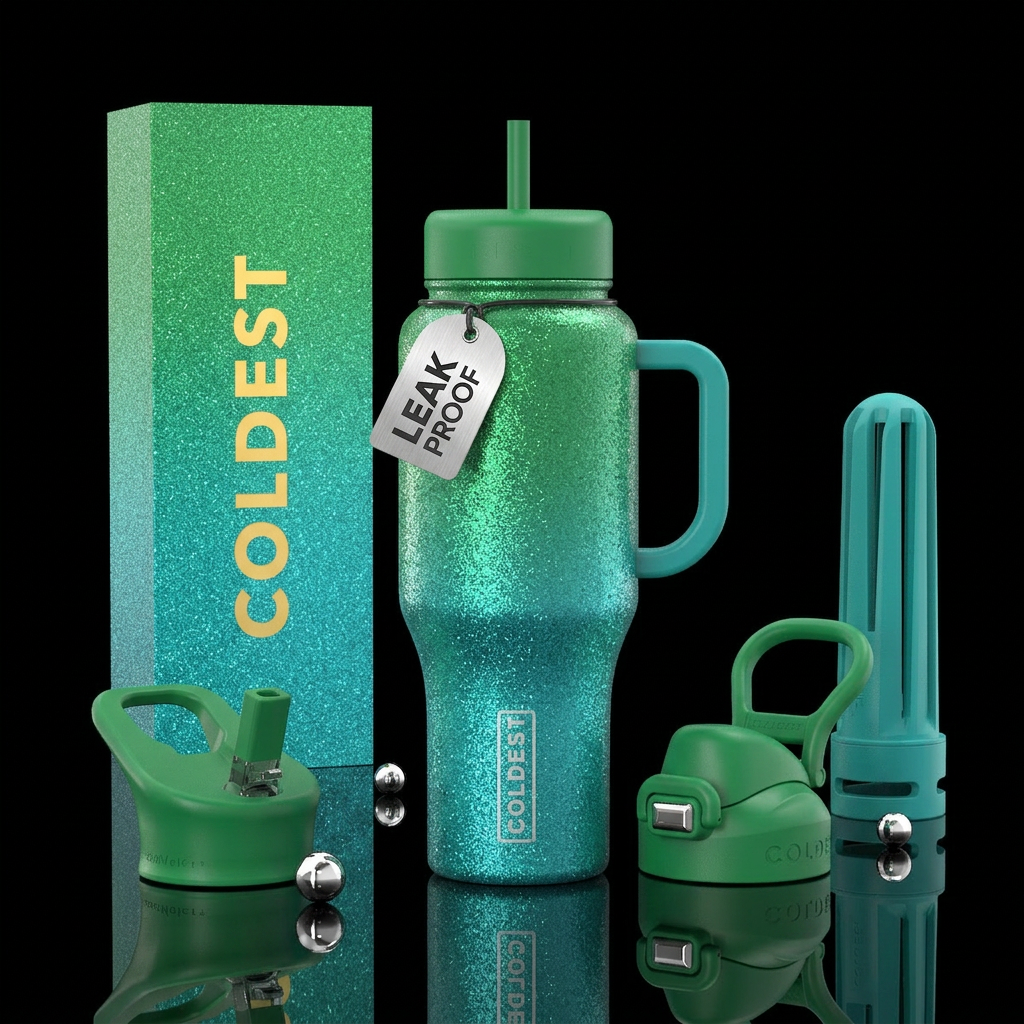Kelly Green, Teal, glitter water bottle design