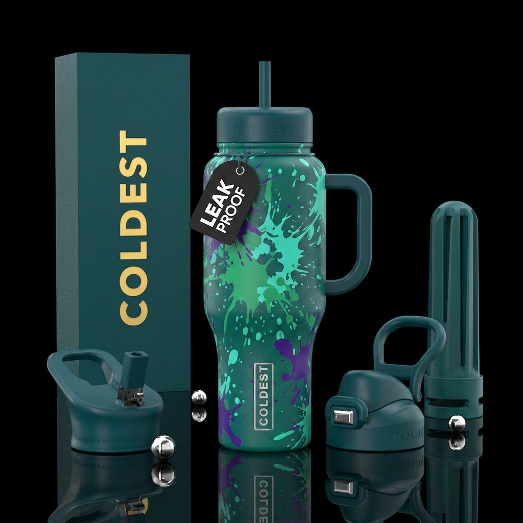 Teal, Green splatter water bottle design