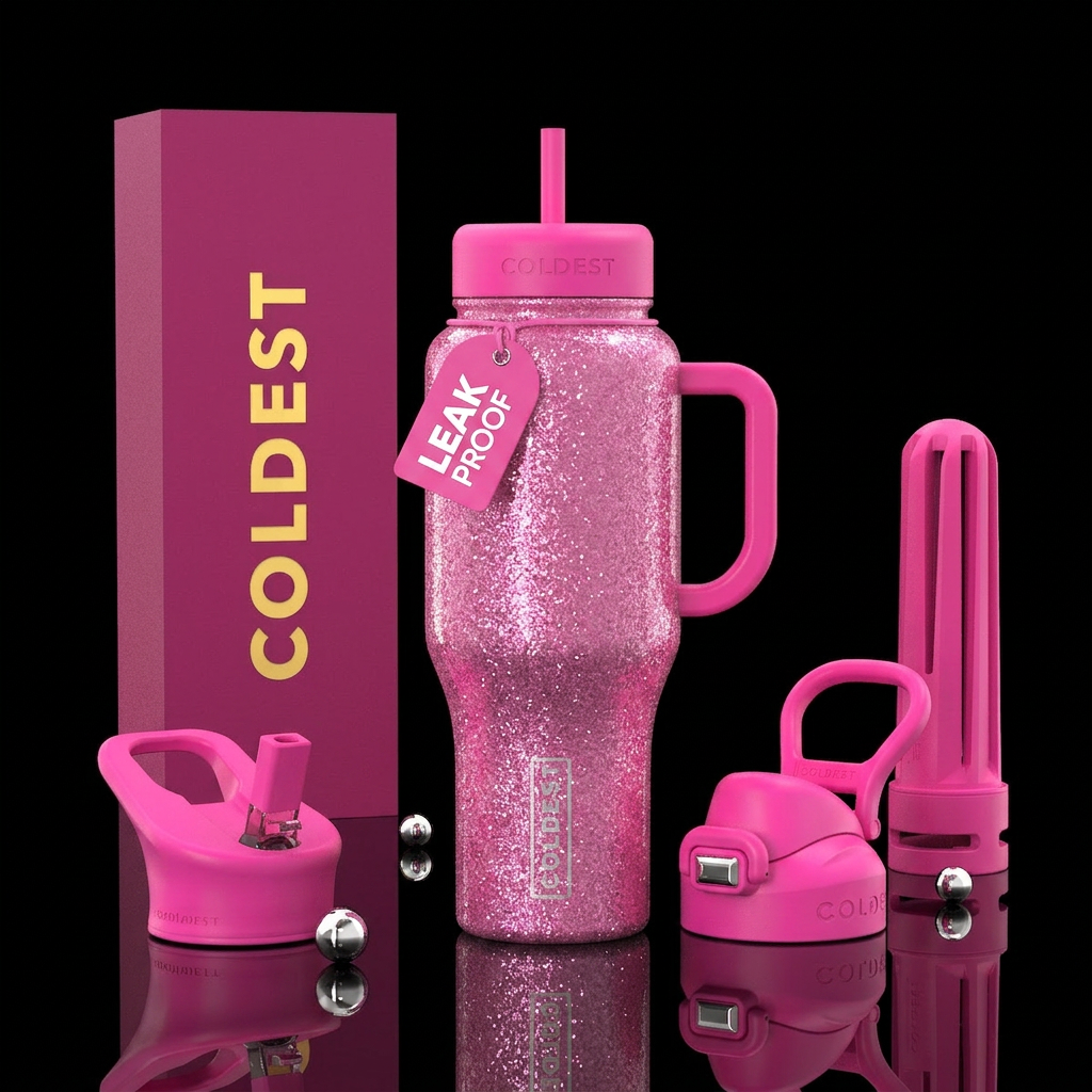 Bright pink base, lid, and straw, with glitter water bottle design