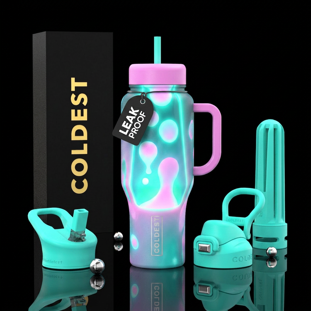 Neon teal, light pink lava lqmp water bottle design