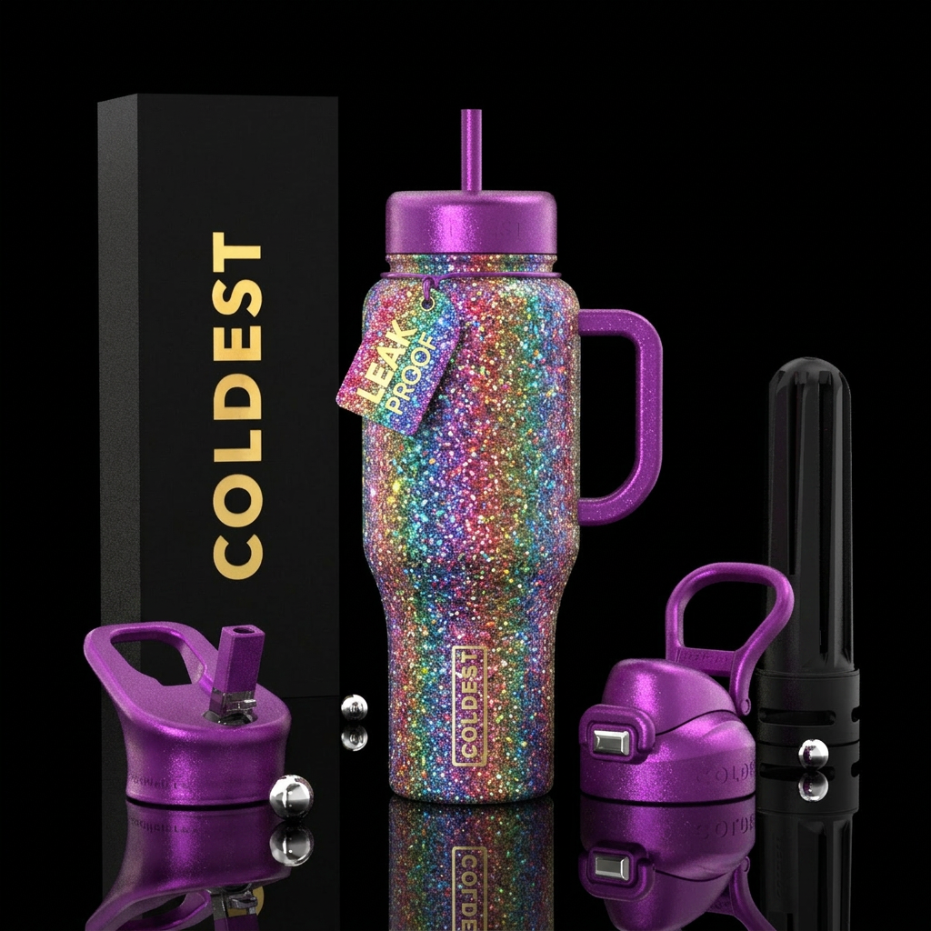 Glitter, vibrant water bottle design