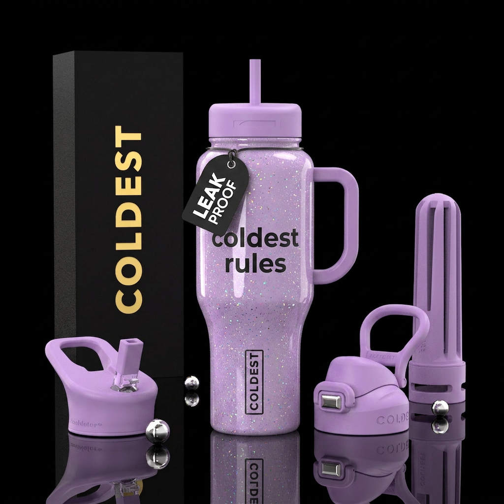 Pastel glossy purple, glitter, coldest rules in bl... water bottle design